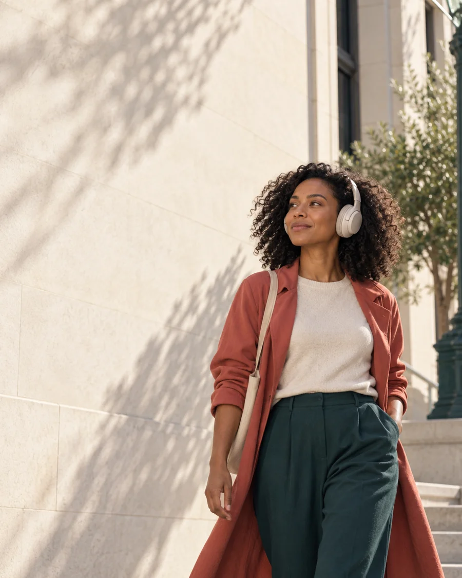 A listener wearing headphones on a sunny walk
